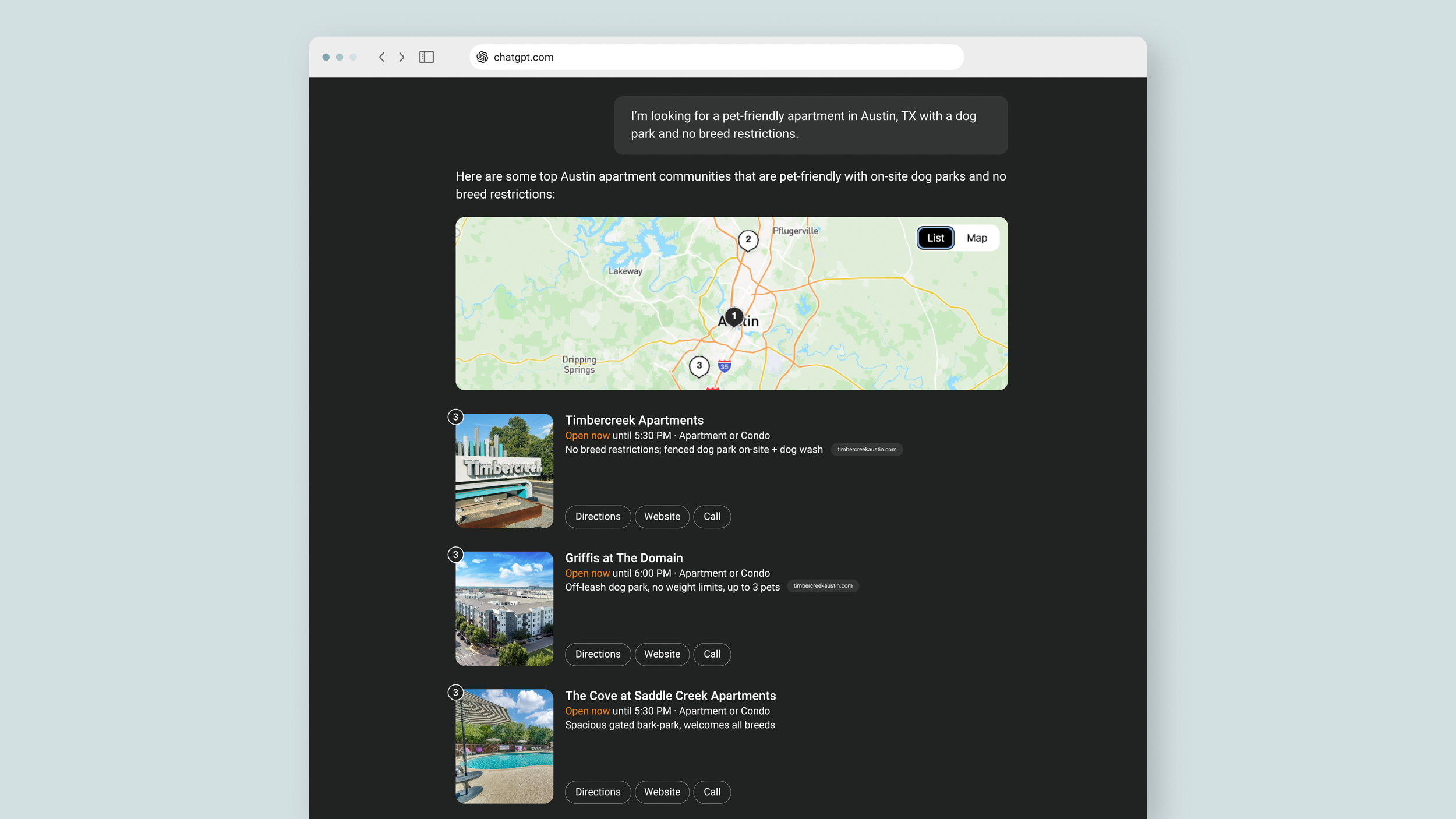 chat gpt ai search result showing map pack