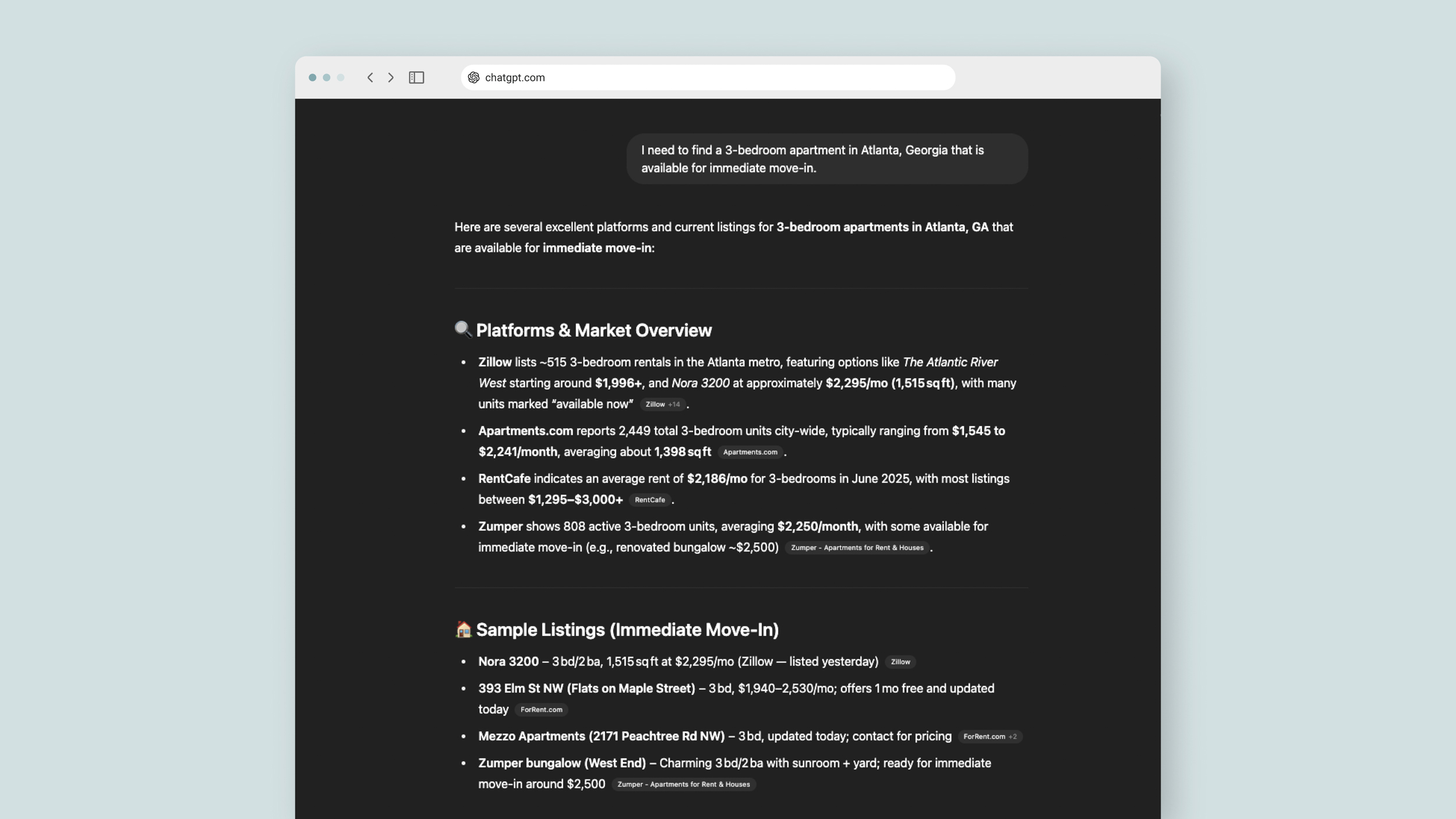 chat gpt ai search result showing text output